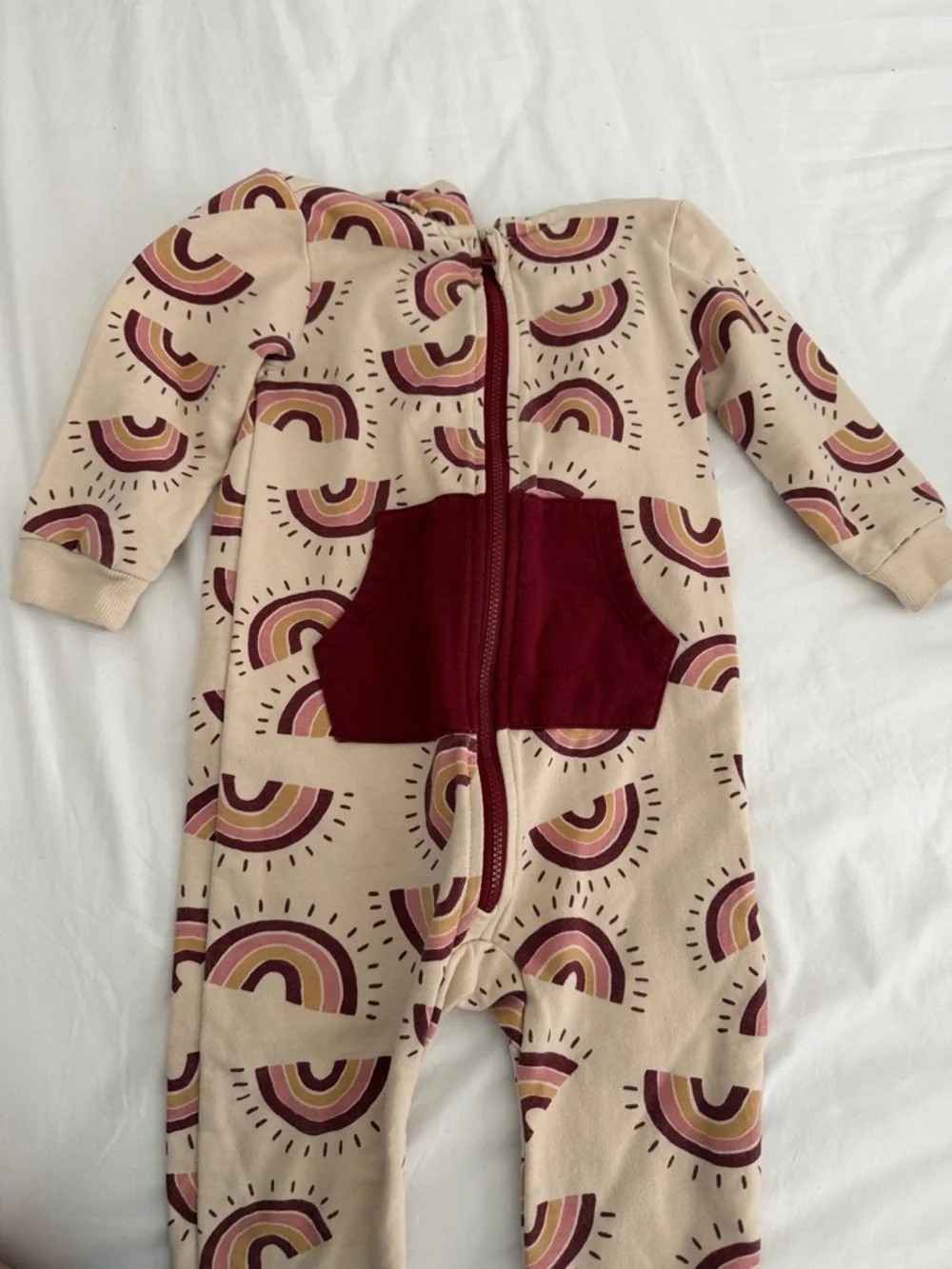 Kids Hooded One-Piece with Burgundy Rainbow Print baby 12-18months